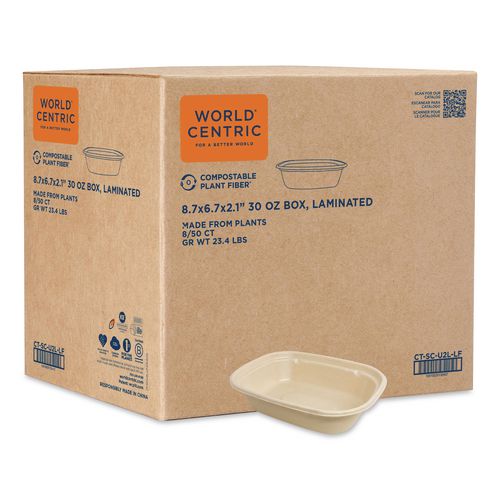 World Centric Laminated Fiber Containers, 30 oz, 6.7 x 8.7 x 2.1, Natural, Sugarcane Fiber, 400/Carton