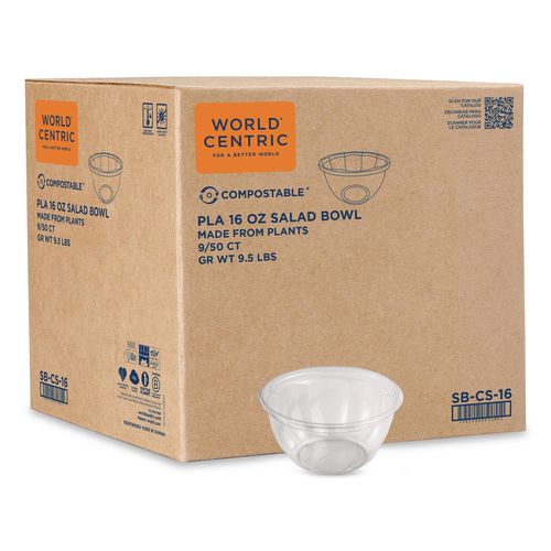 World Centric PLA Salad Bowls, 16 oz, 5.4" dia x 2.7"h, Clear, Plastic, 450/Carton