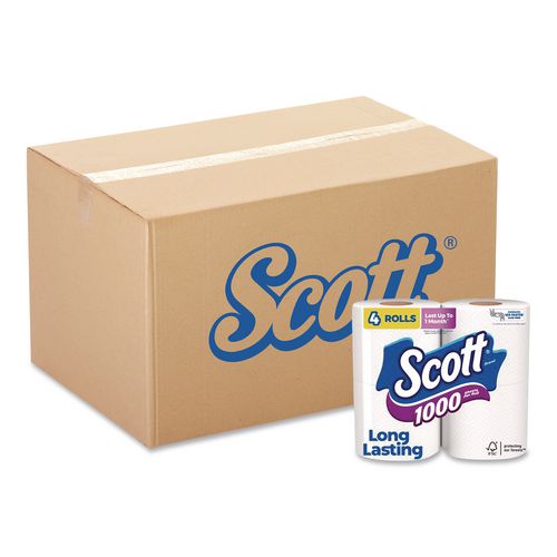 Scott 1000 Bathroom Tissue, Septic Safe, 1-Ply, White, 1,000 Sheets/Roll, 4 Rolls/Pack, 12 Packs/Carton