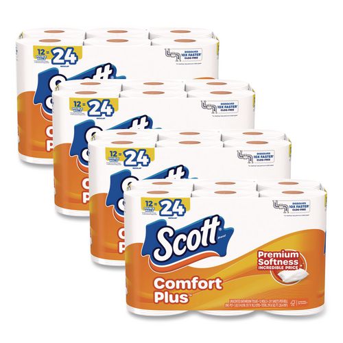 Scott ComfortPlus Toilet Paper, Double Roll, Bath Tissue, Septic Safe, 1-Ply, White, 231 Sheets/Roll, 12 Rolls/Pack, 4 Packs/Carton