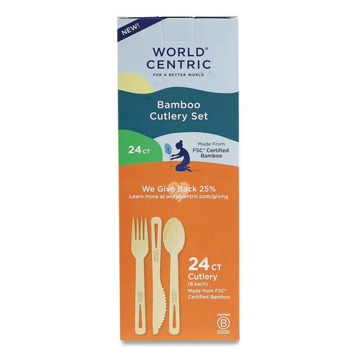 World Centric Bamboo Cutlery, Fork/Knife/Spoon, Paper, Natural, 24/Pack