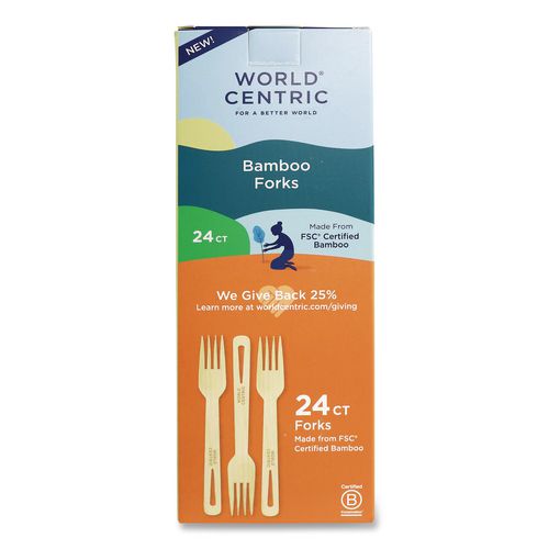 World Centric Bamboo Cutlery, Medium Heavyweight, Fork, Paper, Natural, 24/Pack