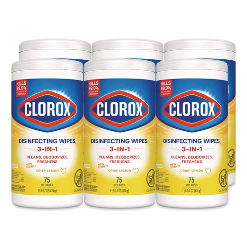 Clorox Disinfecting Wipes, Bleach Free Cleaning Wipes, 1-Ply, 7 x 7.75, Crisp Lemon, White, 75/Canister, 6 Canisters/Carton