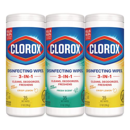 Clorox Disinfecting Wipes, 1-Ply, 7 x 8, (1) Fresh Scent/(2) Crisp Lemon, White, 35/Canister, 3 Canisters/Pack
