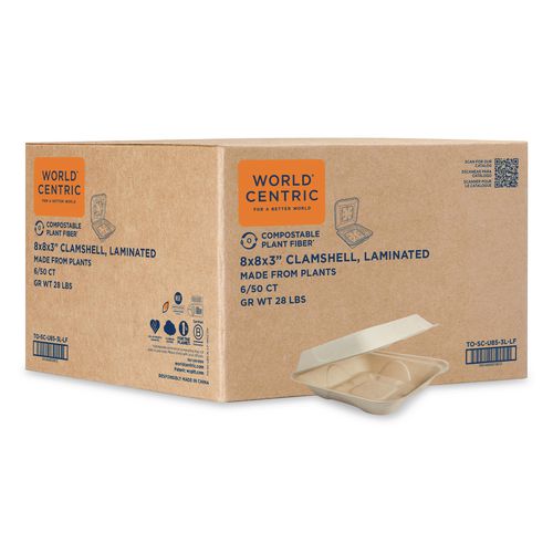 World Centric Fiber Hinged Takeout Containers, 7 x 8.3 x 3.2, Natural, Paper, 300/Carton