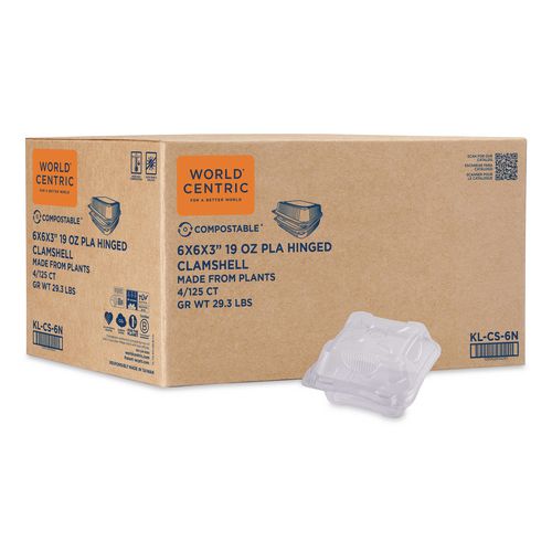 World Centric PLA Hinged Clamshells, 19 oz, 5.9 x 6.4 x 3.5, Clear, Plastic, 500/Carton