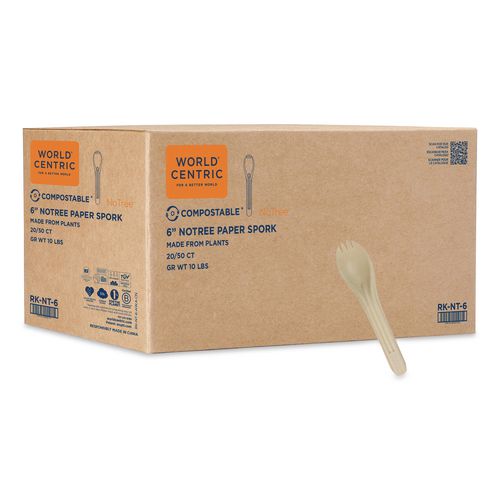 World Centric NoTree Cutlery, Light Mediumweight, Spork, Paper, Natural, 1,000/Carton