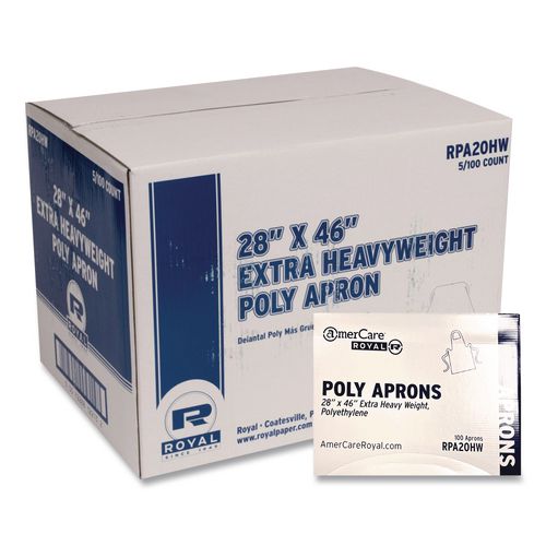 AmerCareRoyal Heavyweight Poly Aprons, 28 x 46, 1 mil, One Size Fits Most, White, 500/Carton