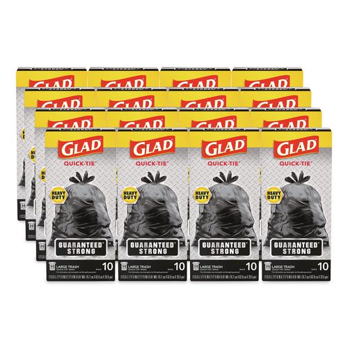 Glad Large Quick-Tie Trash Bags, Tie-Flap, 30 gal, 0.81 mil, 30 x 33, Black, 10 Bags/Box, 12 Boxes/Carton