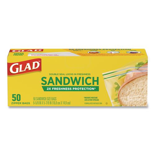 Glad Zipper Food Storage Plastic Sandwich Bags, 6.63 x 5.88, Clear, 50 Bags/Box, 12 Boxes/Carton