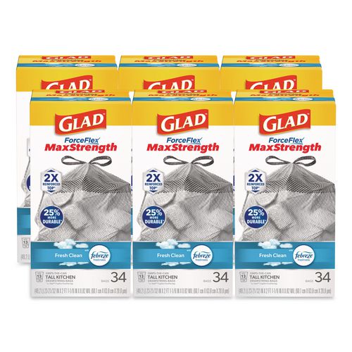 Glad ForceFlex MaxStrength Tall Kitchen Drawstring Trash Bags, 13 gal, Fresh Clean Scent, 24 x 28, White, 34/Box, 6 Boxes/Carton
