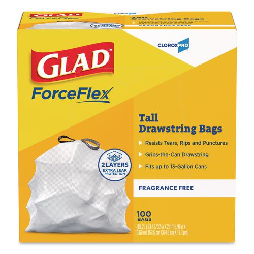 Glad CloroxPro ForceFlex Tall Kitchen Drawstring Trash Bags, 13 gal, 24 x 27.38, Gray, 100/Box