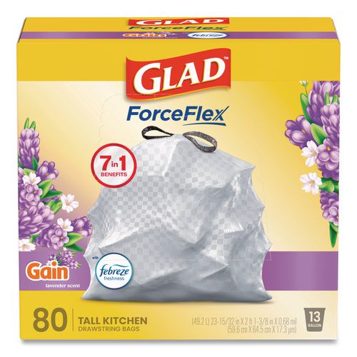 Glad ForceFlex Kitchen Drawstring Trash Bags, 13 gal, Gain Lavender with Febreze Freshness, 24 x 27.38, White, 80/Box