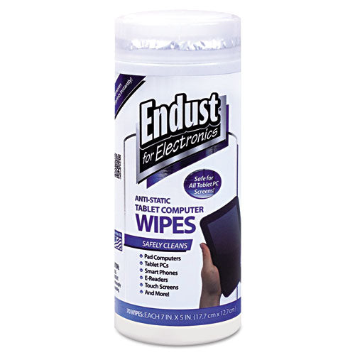 Endust for Electronics Antistatic Tablet and Laptop Cleaning Wipes, 5 x 7, Unscented, White, 70/Tub