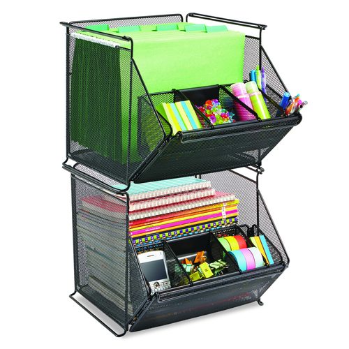Safco Onyx Stackable Mesh Storage Bin, 4 Compartments, Steel Mesh, 14 x 15.5 x 11.75, Black