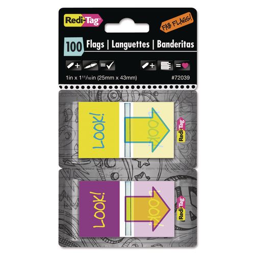 Redi-Tag Pop-Up Fab Page Flags w/Dispenser, "Look!", Purple/Yellow; Yellow/Teal, 100/Pack