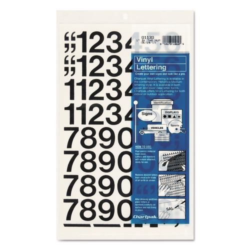 Chartpak Press-On Vinyl Self-Adhesive Numbers, 1" Tall, Black Characters, 44/Pack