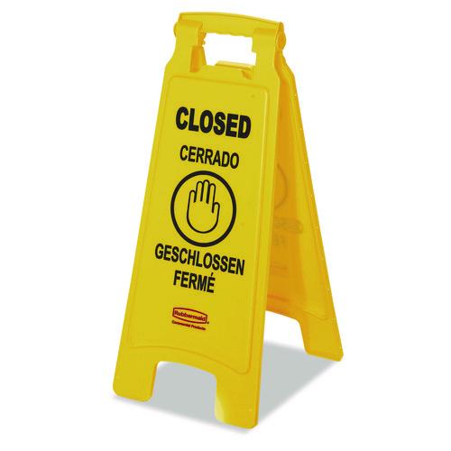 Rubbermaid Commercial Multilingual "Closed" Sign, 2-Sided, 11 x 12 x 25, Bright Yellow