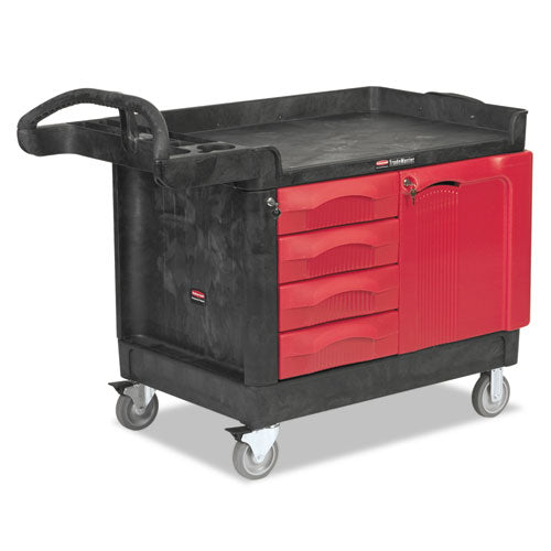 Rubbermaid Commercial TradeMaster Cart with One Door, Plastic, 3 Shelves, 4 Drawers, 750 lb Capacity, 26.25" x 49" x 38", Black