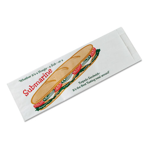 Bagcraft Sub Sandwich Bags, Submarine: Torpedo Sandwich Icon Labeling, 4.5" x 2" x 14", White/Red/Green, 1,000/Carton
