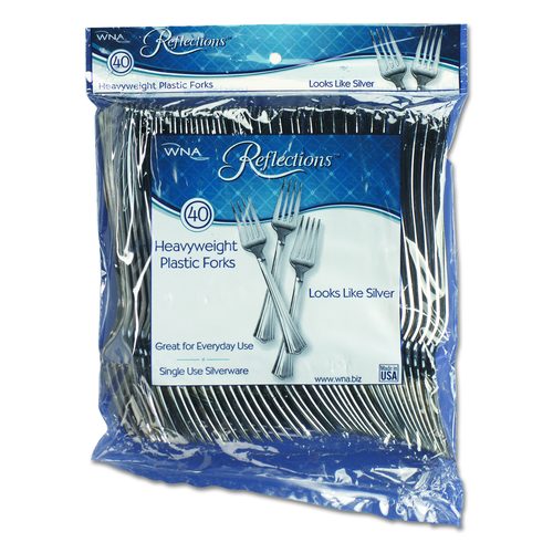 WNA Reflections Heavyweight Plastic Utensils, Fork, Silver, 40/Pack