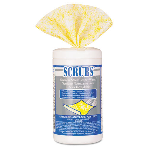 SCRUBS Stainless Steel Cleaner Towels, 1-Ply, 9.75 x 10.5, Lemon Scent, 30/Canister