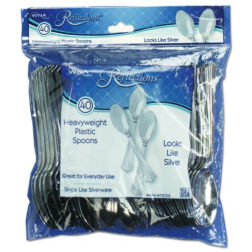 WNA Reflections Heavyweight Plastic Utensils, Spoon, Silver, 40/Pack, 8 Packs/Carton