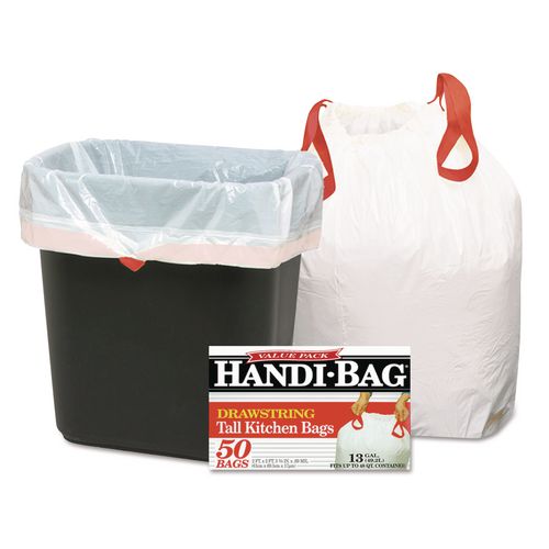 Handi-Bag Drawstring Kitchen Bags, 13 gal, 24" x 27.4", White, 50 Bags/Box, 6 Boxes/Carton