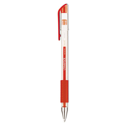 Universal Comfort Grip Gel Pen, Stick, Medium 0.7 mm, Red Ink, Clear/Red Barrel, Dozen