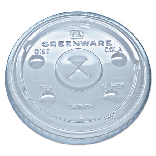 Fabri-Kal Greenware Cold Drink Lids, X-Slot, Fits 16 oz/18 oz/24 oz Cold Cups, Sugarcane, Clear, 1,000/Carton