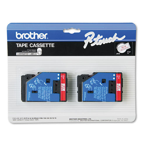 Brother P-Touch TC Tape Cartridges for P-Touch Labelers, 0.47" x 25.2 ft, Red on Clear, 2/Pack