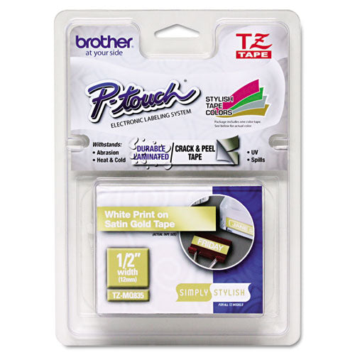 Brother P-Touch TZ Standard Adhesive Laminated Labeling Tape, 0.47" x 16.4 ft, White/Satin Gold