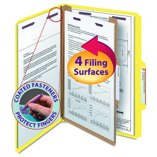 Smead Pressboard Top Tab Classification Folders, Expands 2", 1 Divider, 4 SafeSHIELD Fasteners, Legal Size, Yellow, 10/Box