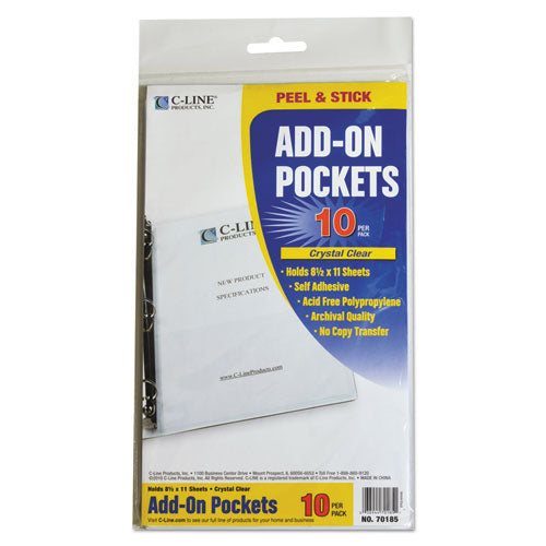 C-Line Peel and Stick Add-On Filing Pockets, 8.5 x 11, Clear, 10/Pack