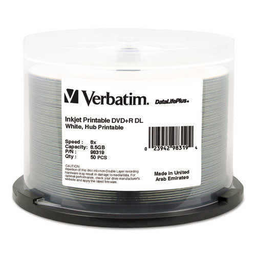 Verbatim DVD+R Dual Layer Printable Recordable Disc, 8.5 GB, 8x, Spindle, White, 50/Pack