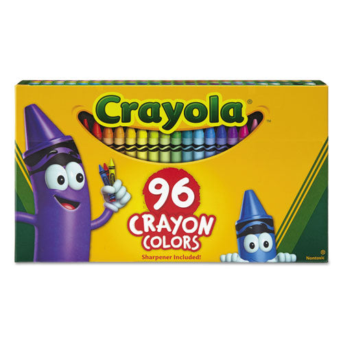 Crayola Classic Color Crayons, Classic Flip-Top Box with Built-In Sharpener, Regular Size, 0.31" x 3.63", 96 Assorted Colors, 96/Pack