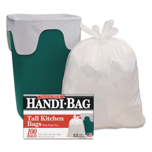 Handi-Bag Super Value Pack Can Liners, 13 gal, 0.6 mil, 23.75" x 28", White, 100 Bags/Box, 6 Boxes/Carton