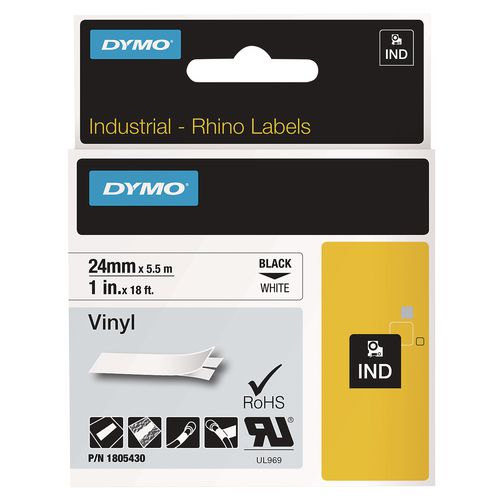 DYMO Rhino Permanent Vinyl Industrial Label Tape, 1" x 18 ft, White/Black Print