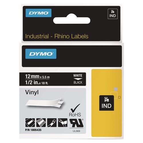 DYMO Rhino Permanent Vinyl Industrial Label Tape, 0.5" x 18 ft, Black/White Print