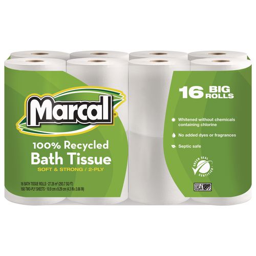 Marcal 100% Recycled Two-Ply Bath Tissue, Septic Safe, White, 168 Sheets/Roll, 96 Rolls/Carton