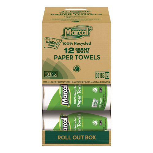 Marcal 100% Premium Recycled Kitchen Roll Towels, Roll Out Box, 2 Ply, 11 x 5.5, White, 140 Sheets, 12 Rolls/Carton
