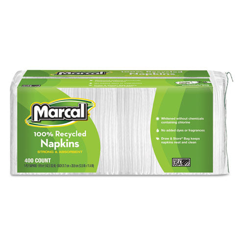 Marcal 100% Recycled Luncheon Napkins, 1-Ply, 11.4 x 12.5, White, 400/Pack