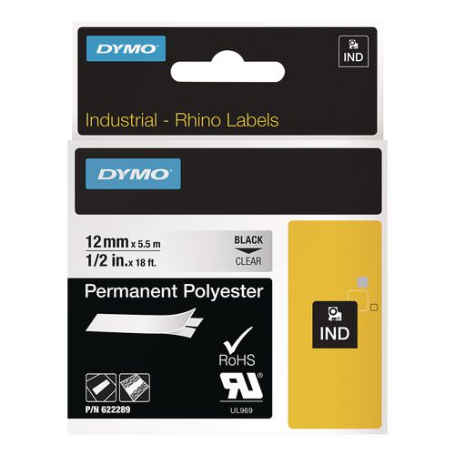 DYMO Rhino Permanent Vinyl Industrial Label Tape, 0.5" x 18 ft, Clear/Black Print