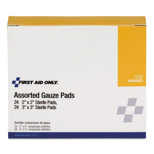 First Aid Only Gauze Pads, Sterile, Assorted, 2 x 2; 3 x 3, 48/Box
