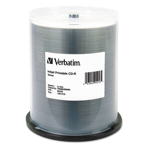 Verbatim CD-R Printable Recordable Disc, 700 MB/80 min, 52x, Spindle, Silver, 100/Pack