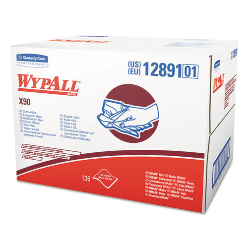 WypAll X90 Cloths, BRAG Box, 2-Ply, 11.1 x 16.8, Denim Blue, 136/Carton