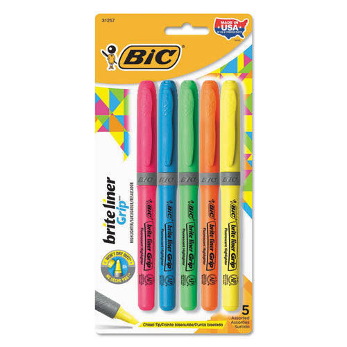 BIC Brite Liner Grip Pocket Highlighter, Assorted Ink Colors, Chisel Tip, Assorted Barrel Colors, 5/Set