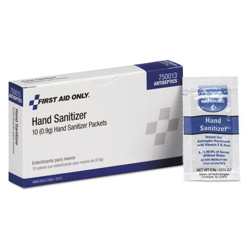 First Aid Only Gel Hand Sanitizer Packets for Unitized and First Aid Stations, 0.9 g, Clean Scent, 10/Box