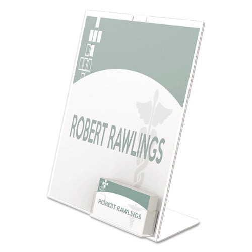 deflecto Superior Image Slanted Sign Holder with Business Card Holder, 8.5w x 4.5d x 11h, Clear