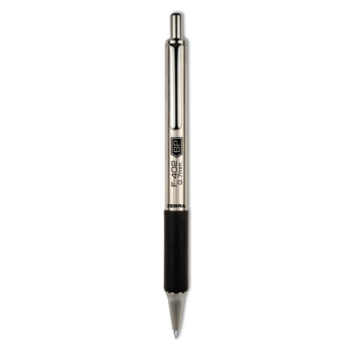 Zebra F-402 Ballpoint Pen, Retractable, Fine 0.7 mm, Black Ink, Stainless Steel/Black Barrel